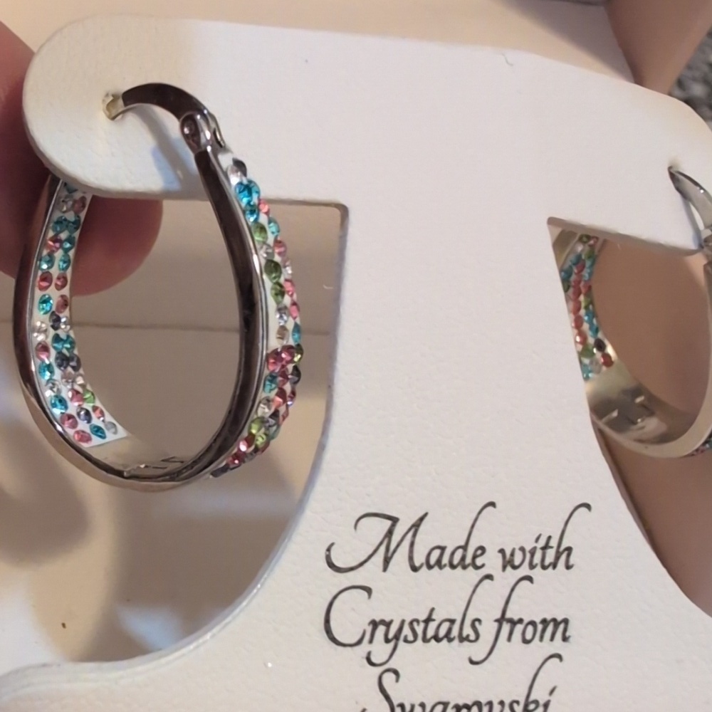 Silver U Shaped Hoop Earrings with Multicolor Crystals - Picture 3 of 7